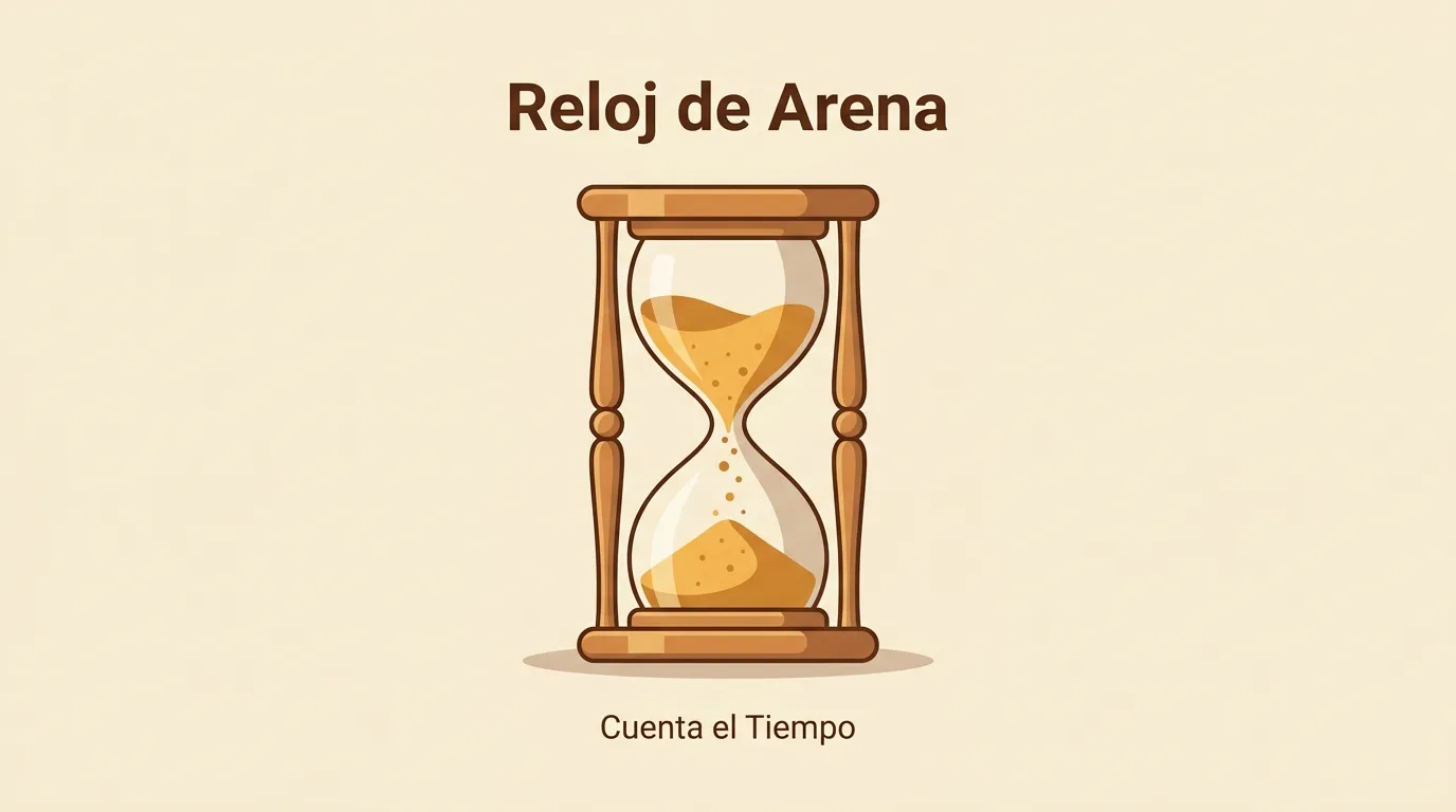 Interfaz del reloj de arena online con animación de arena cayendo, bulbo superior vaciándose y bulbo inferior llenándose